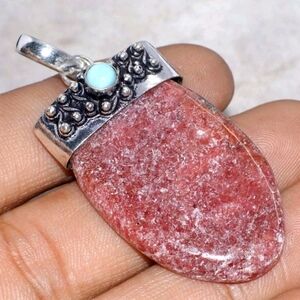 Rhodonite, Larimar Gemstone 925 Sterling Silver Handmade Cap Pendant Necklace
